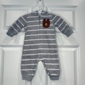 Carters Baby Fleece Pajama Sleepsuit Footie Grey White Stripe Bear Size 3 Months